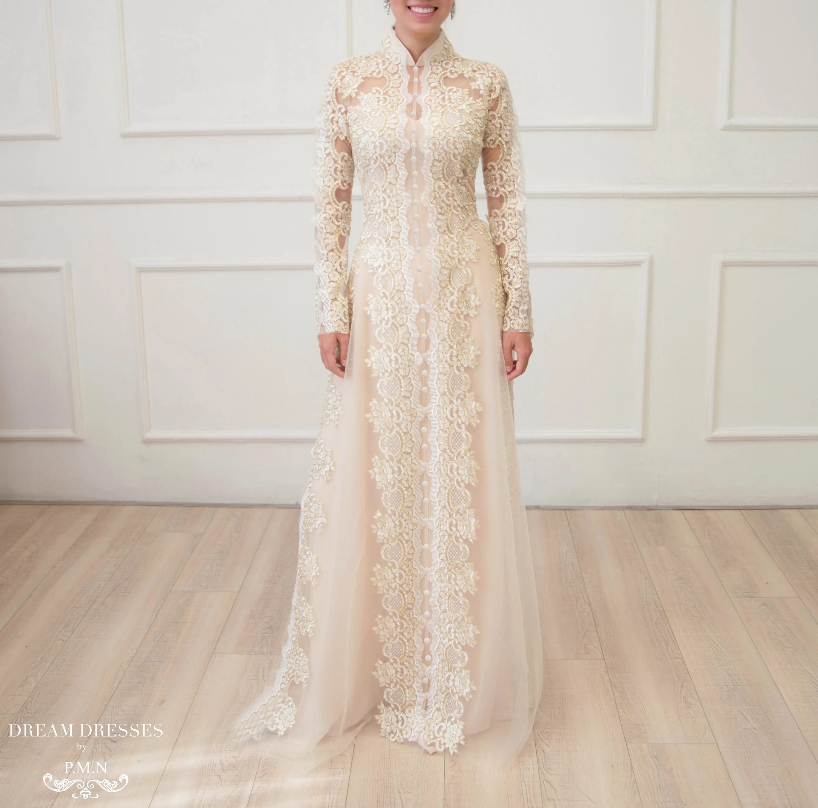 Beige Bridal Ao Dai | Vietnamese Lace Bridal Dress (#NIAH)