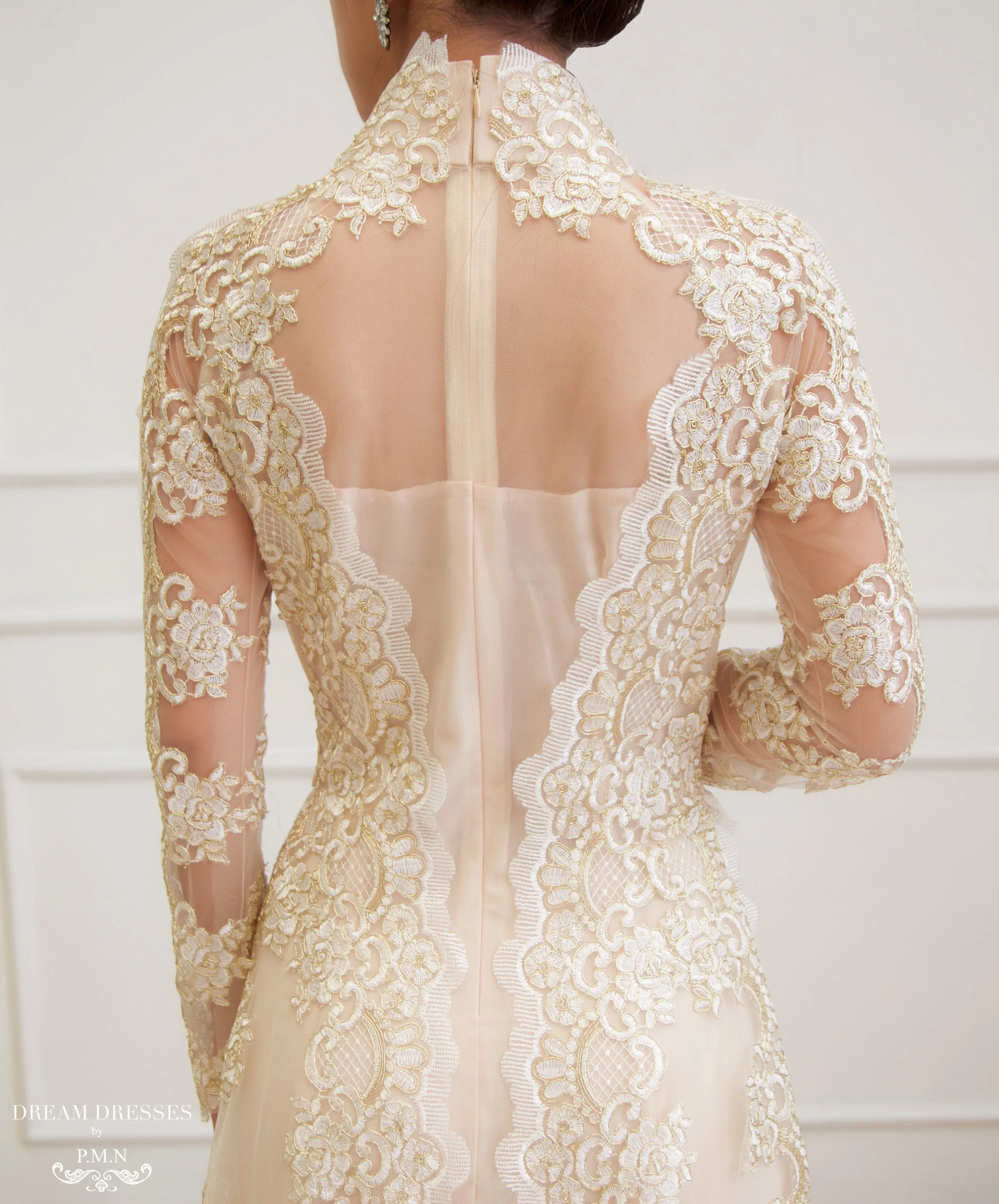 Beige Bridal Ao Dai | Vietnamese Lace Bridal Dress (#NIAH)