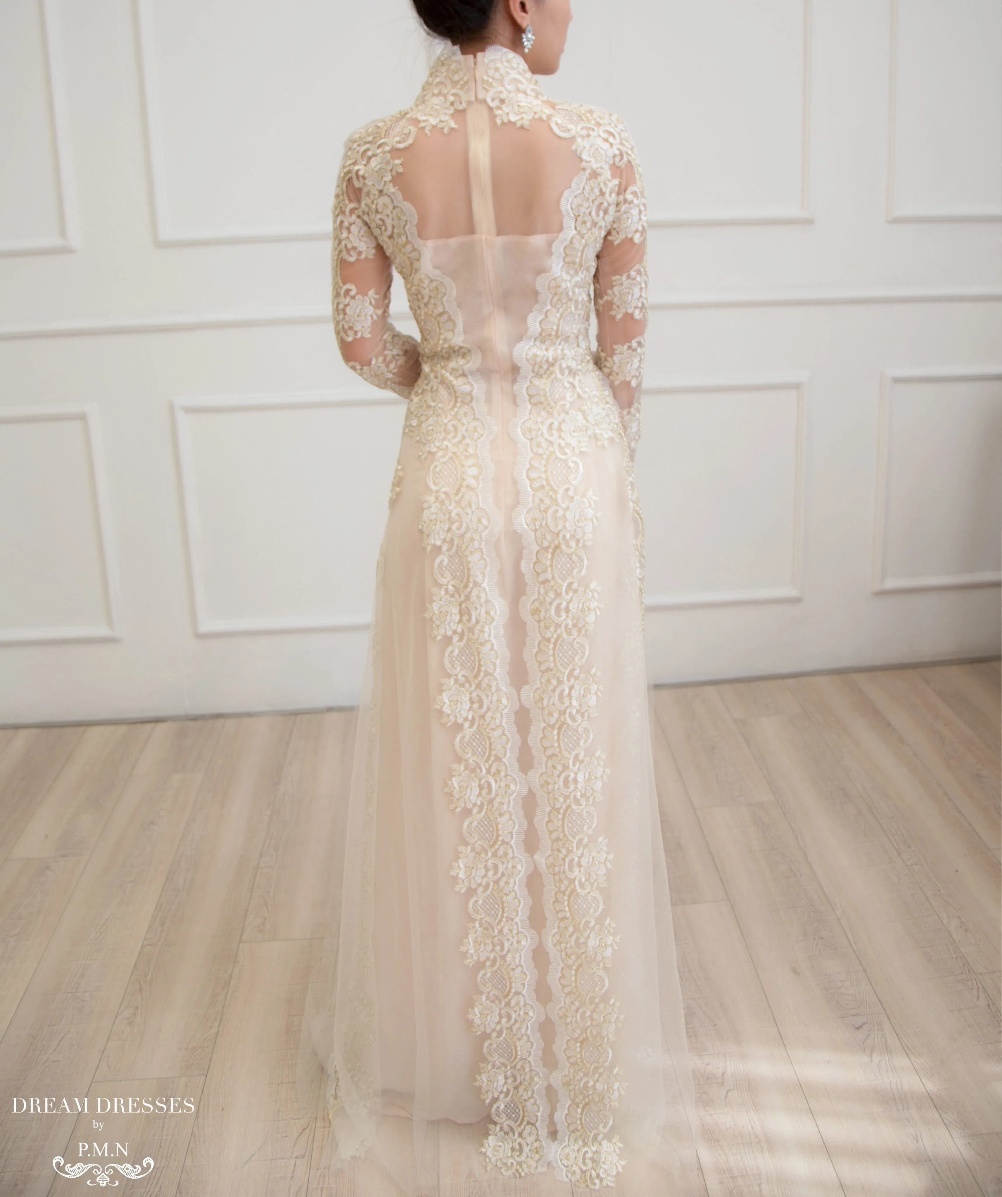 Beige Bridal Ao Dai | Vietnamese Lace Bridal Dress (#NIAH)