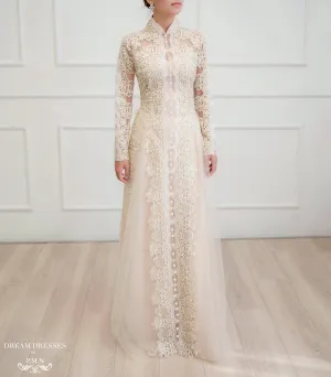 Beige Bridal Ao Dai | Vietnamese Lace Bridal Dress (#NIAH)