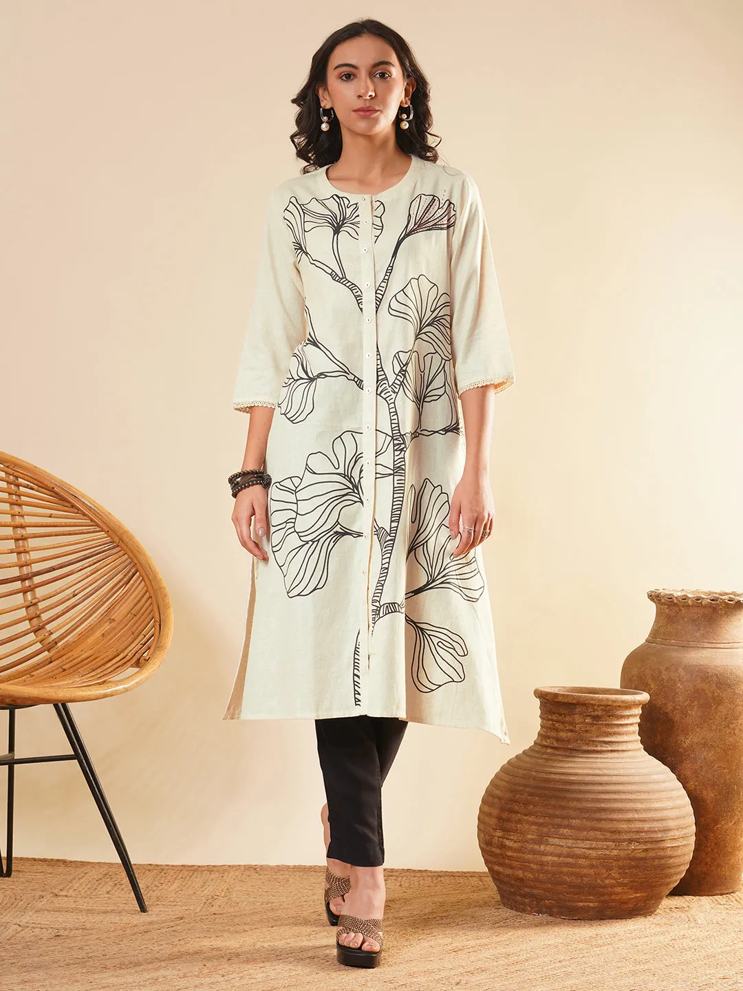 Beige Comfort Fit Cotton Kurta for Women Online in India - Zola