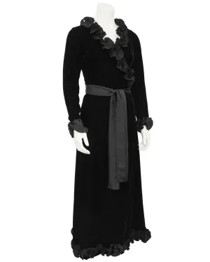 Black Velvet Wrap Evening Dress with Ruffle Trim