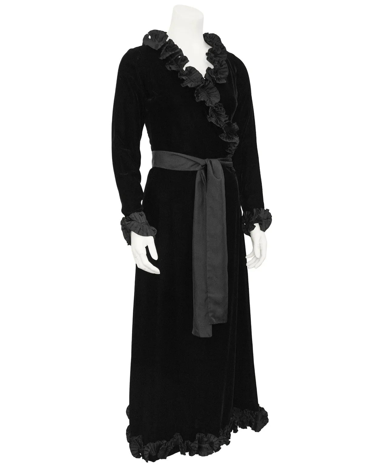 Black Velvet Wrap Evening Dress with Ruffle Trim