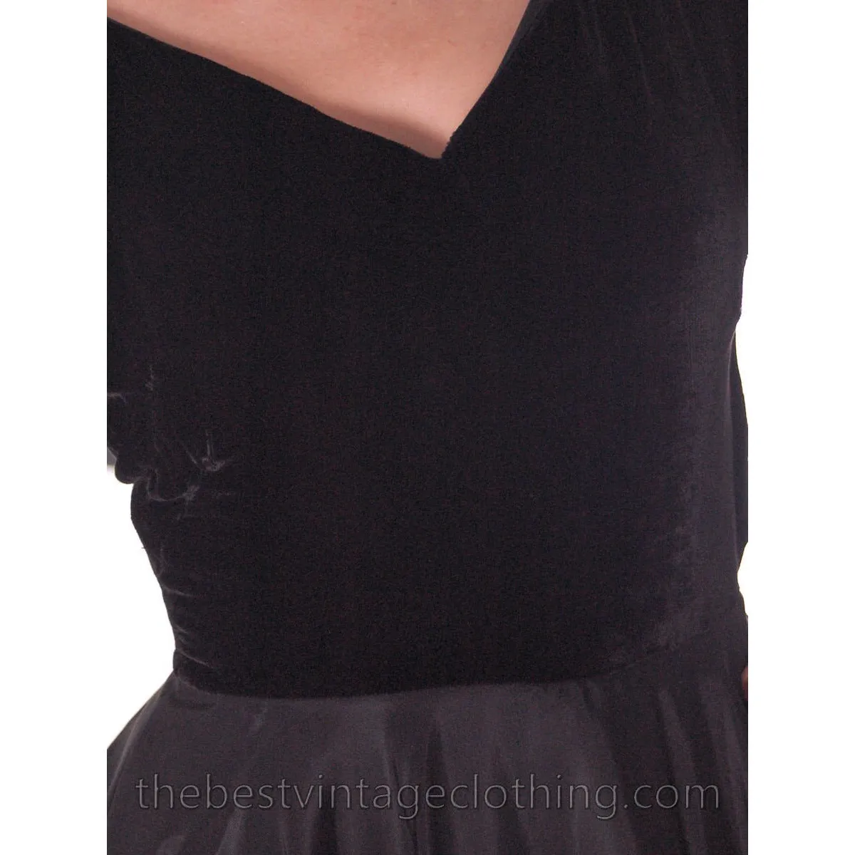 Black Velvet/Taffeta 1950s Party Gown Full Circle Vintage Dress w Rose 32-23-Free Small
