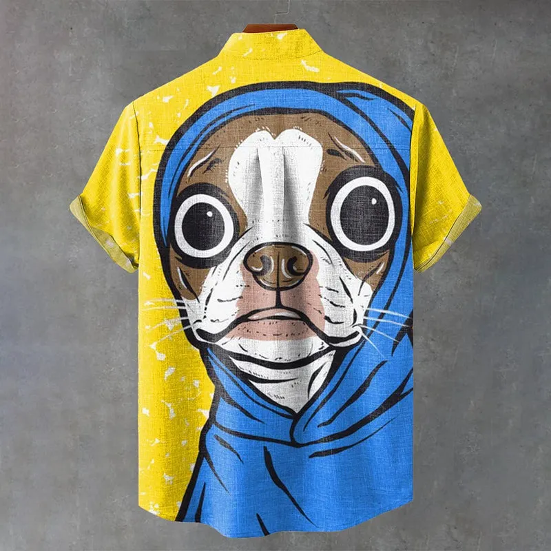 Blue Boston Terrier Dog Vintage Print Casual Shirt 2410002854