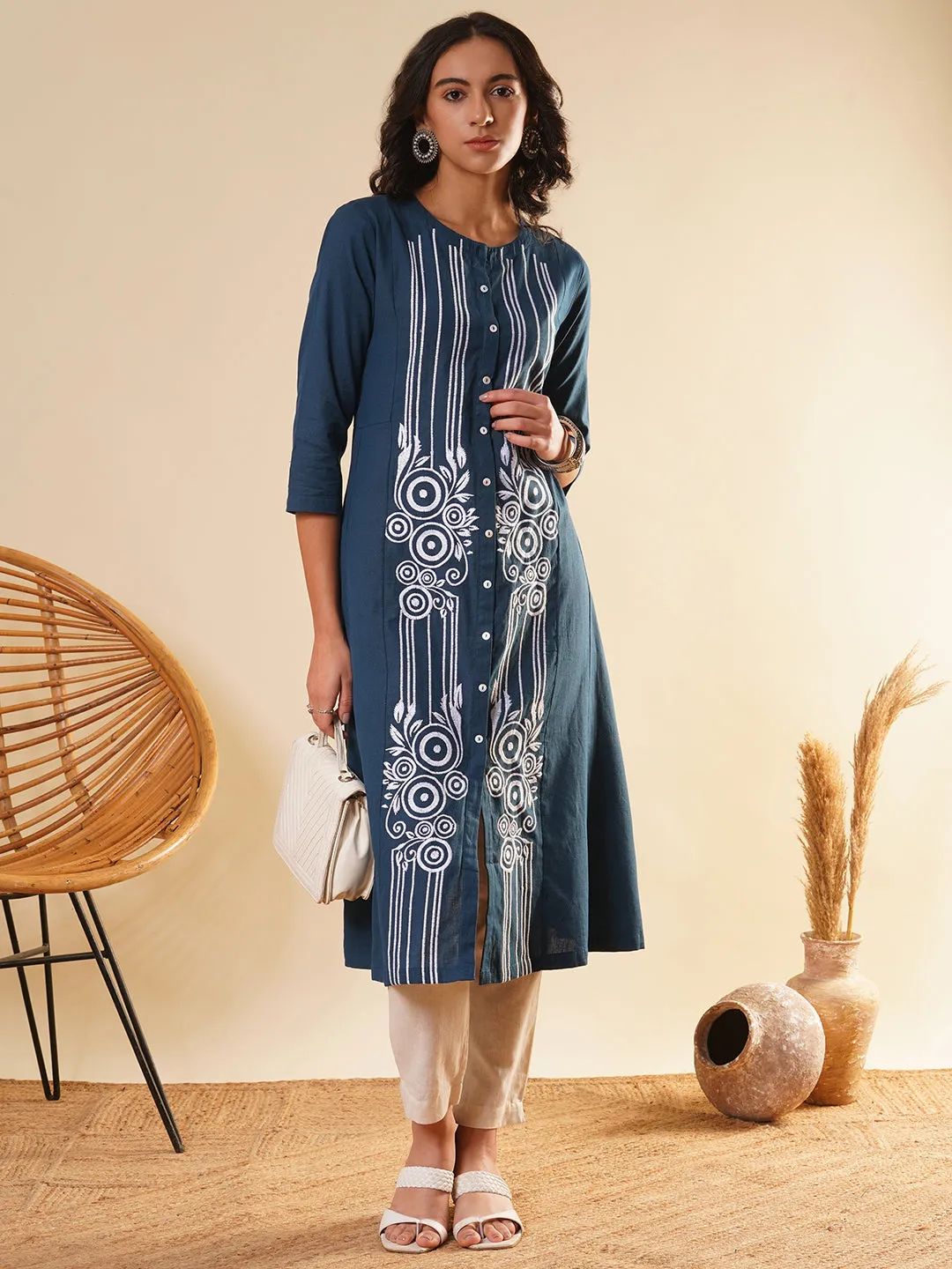 Blue Comfort Fit Cotton Kurta for Women Online in India - Zola