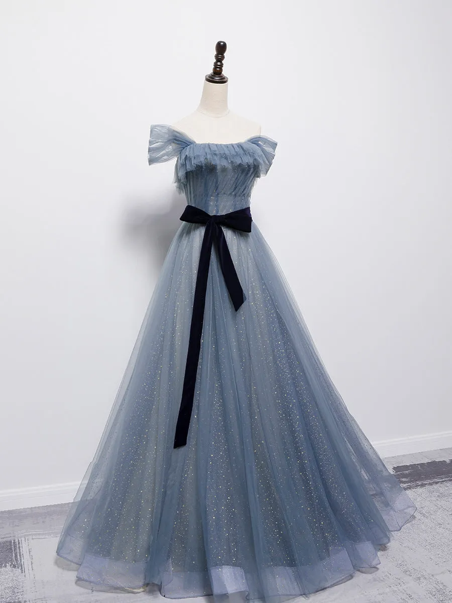Blue Shiny Tulle Off Shoulder Long Party Dress Party Dress, Blue Evening Gowns