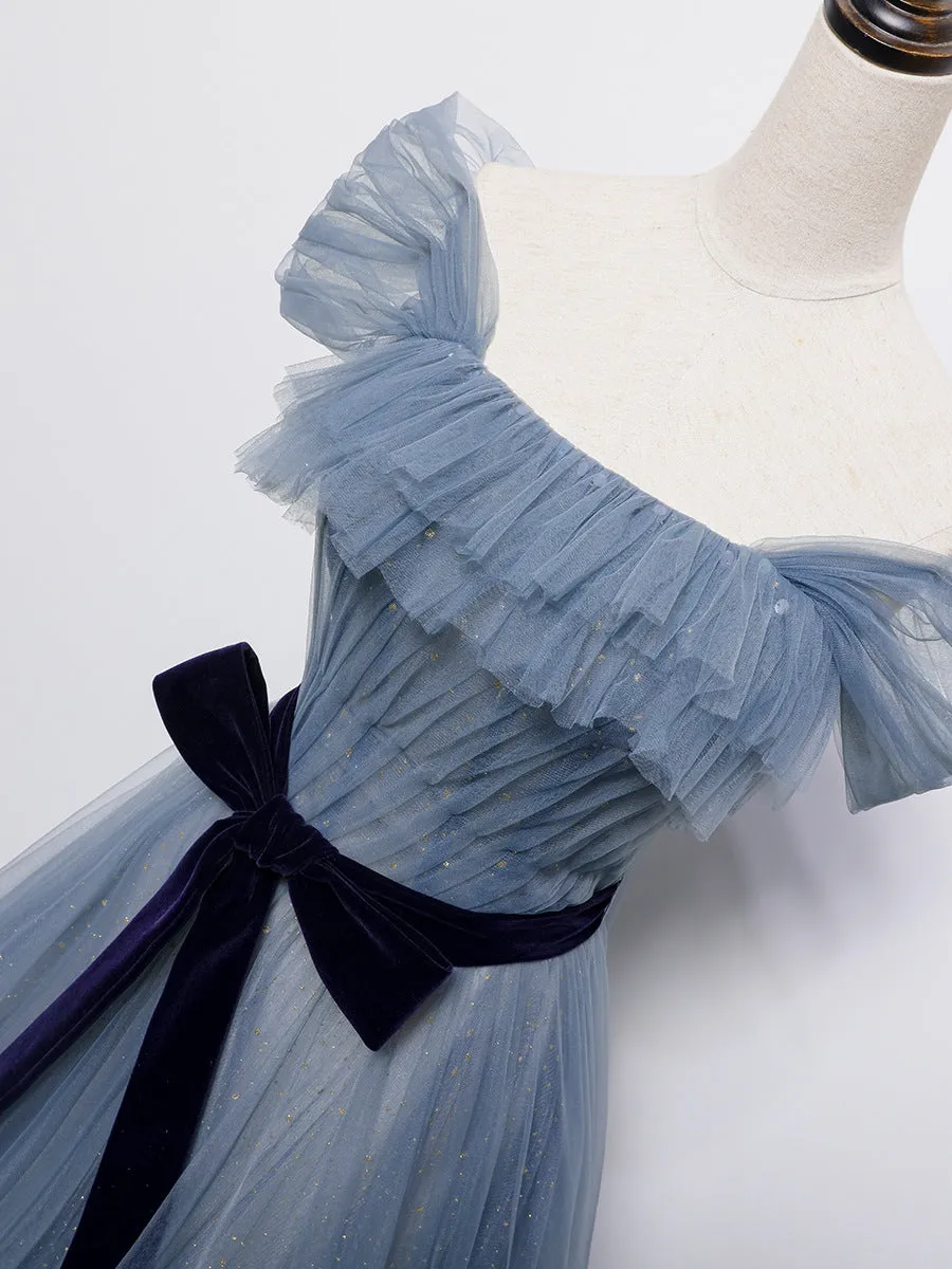 Blue Shiny Tulle Off Shoulder Long Party Dress Party Dress, Blue Evening Gowns
