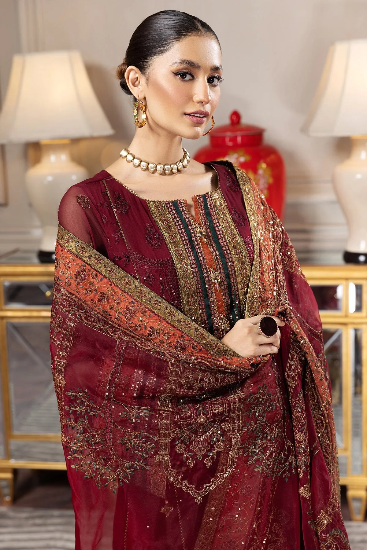 Brick Red Heavily Embellished Pakistani Salwar Kameez with Dupatta