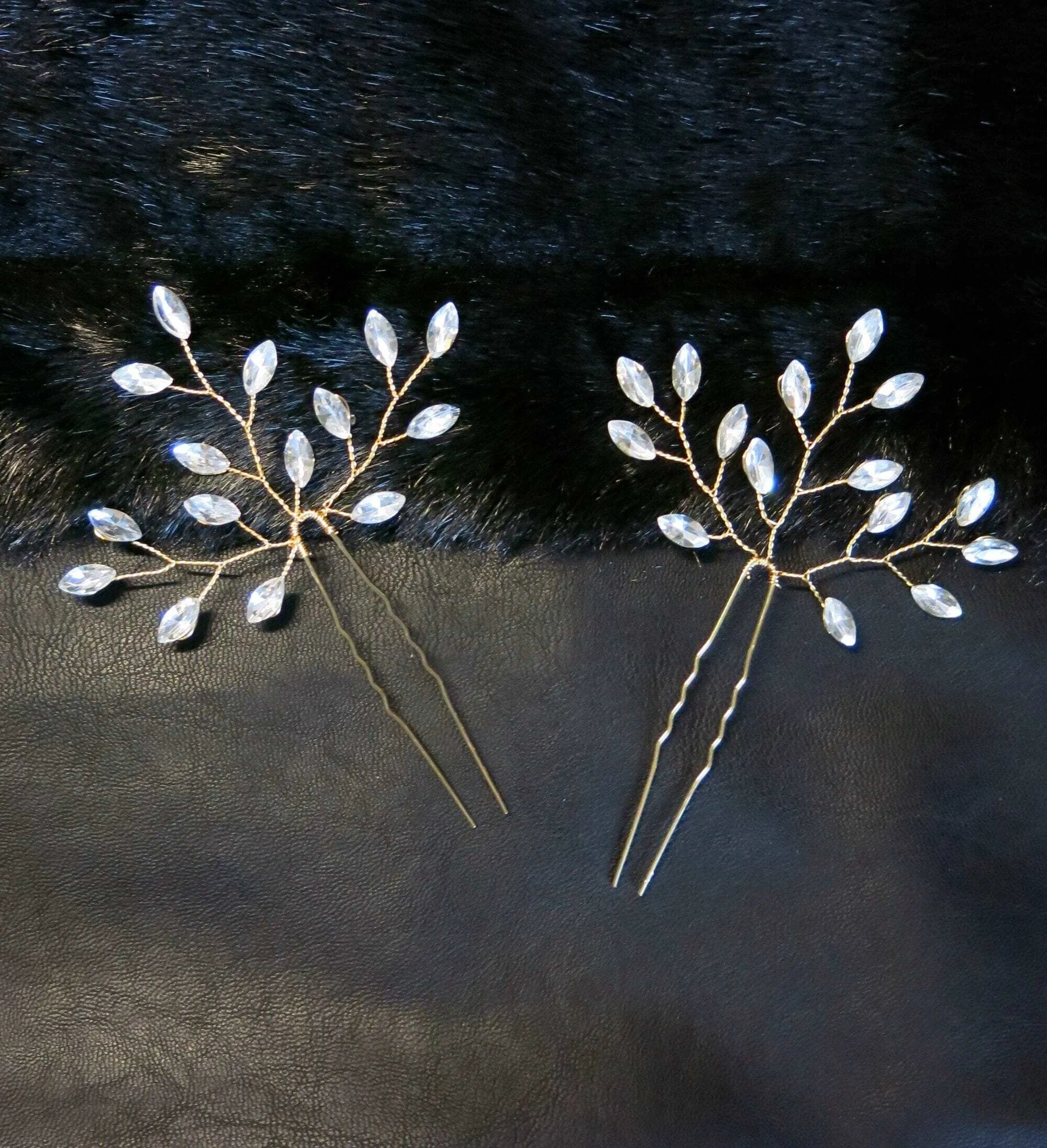 Bridal Rhinestone Crystal Hairpin 2 PC Set, Wedding Gem Branch Hair Pin Headpiece, Bridesmaid Crystal Wire Hairpiece, Set of 2