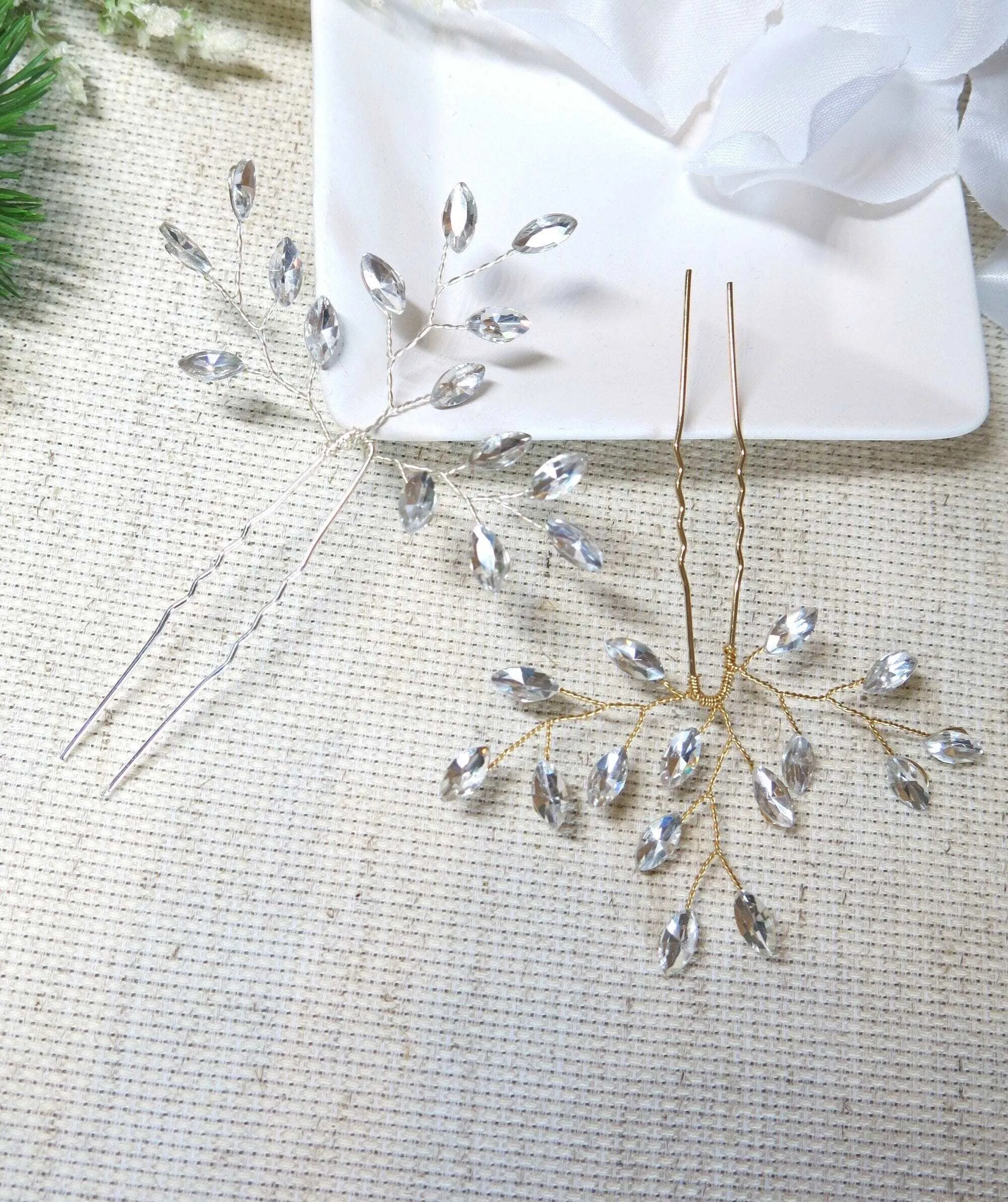 Bridal Rhinestone Crystal Hairpin 2 PC Set, Wedding Gem Branch Hair Pin Headpiece, Bridesmaid Crystal Wire Hairpiece, Set of 2