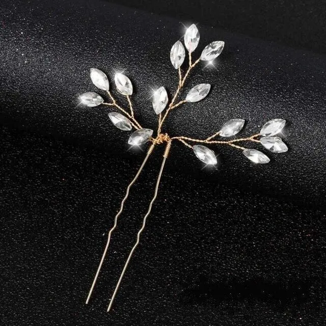 Bridal Rhinestone Crystal Hairpin 2 PC Set, Wedding Gem Branch Hair Pin Headpiece, Bridesmaid Crystal Wire Hairpiece, Set of 2