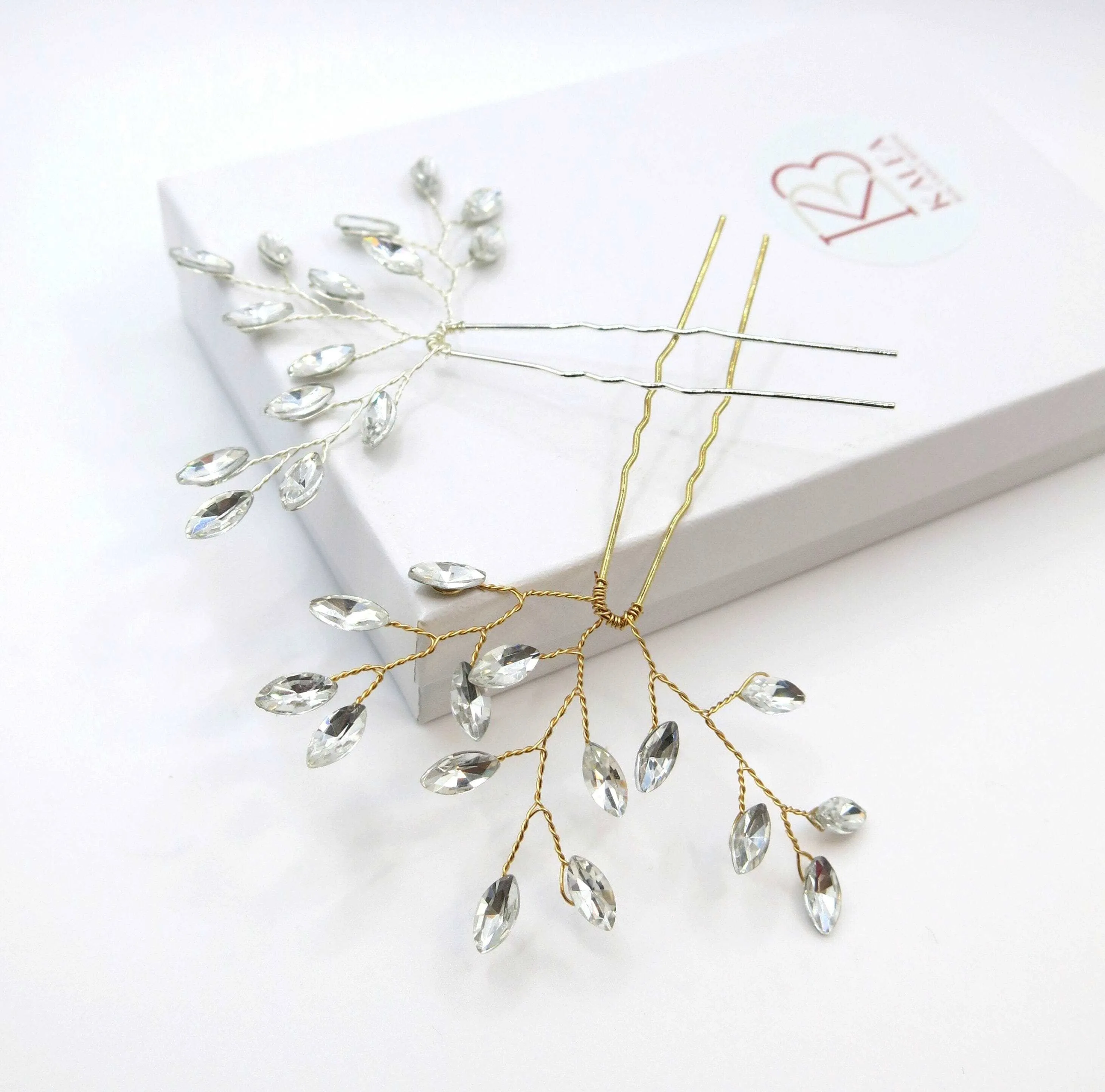 Bridal Rhinestone Crystal Hairpin 2 PC Set, Wedding Gem Branch Hair Pin Headpiece, Bridesmaid Crystal Wire Hairpiece, Set of 2