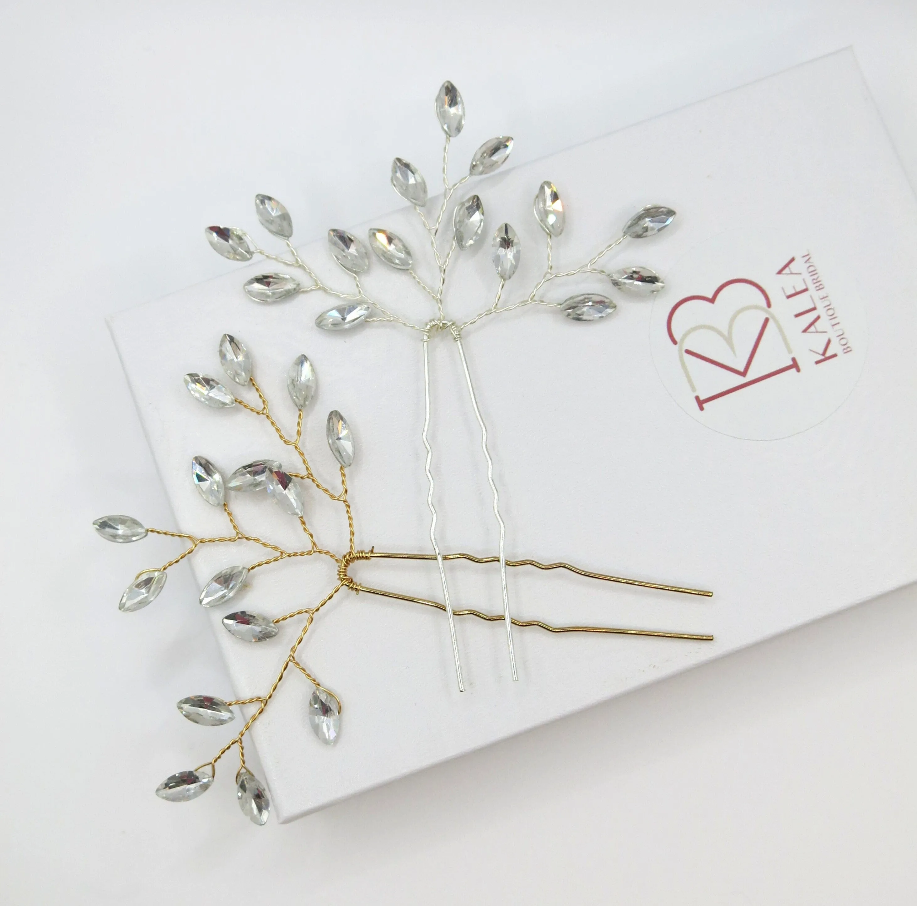 Bridal Rhinestone Crystal Hairpin 2 PC Set, Wedding Gem Branch Hair Pin Headpiece, Bridesmaid Crystal Wire Hairpiece, Set of 2