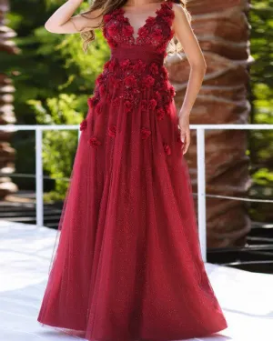 Burgundy Prom Dresses Arabisch Lange Kleider mit 3D Blumen V ausschnitt Shiny Perlen Spitze Frauen Backless