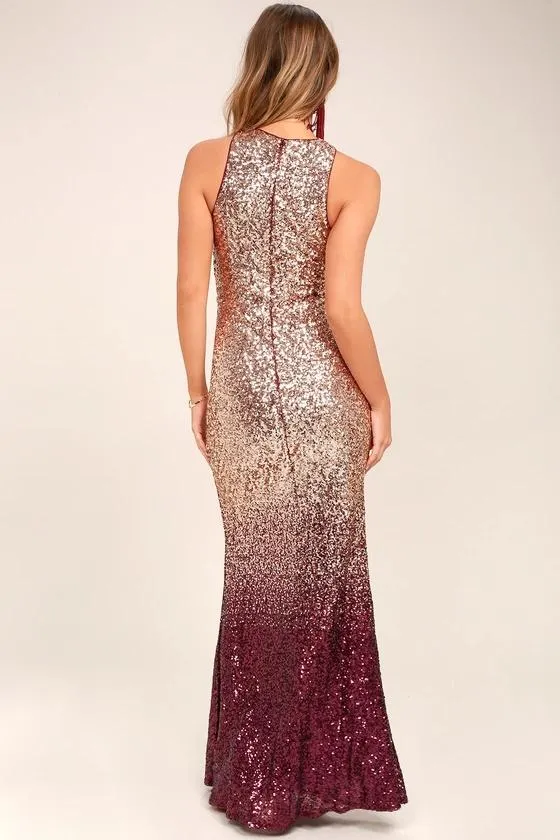 Burgundy Shadow Sequin Maxi Prom Dress Online