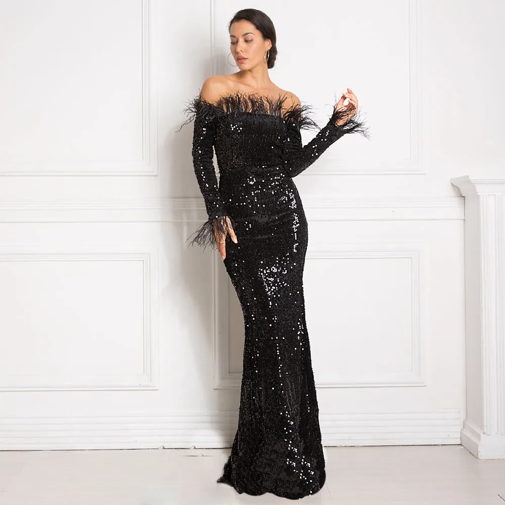Burgundy Shiny Sequin Feather Velvet Party Dress Long Sleeve Bodycon Stretchy Slash Neck Floor Length Mermaid Dress Black Green