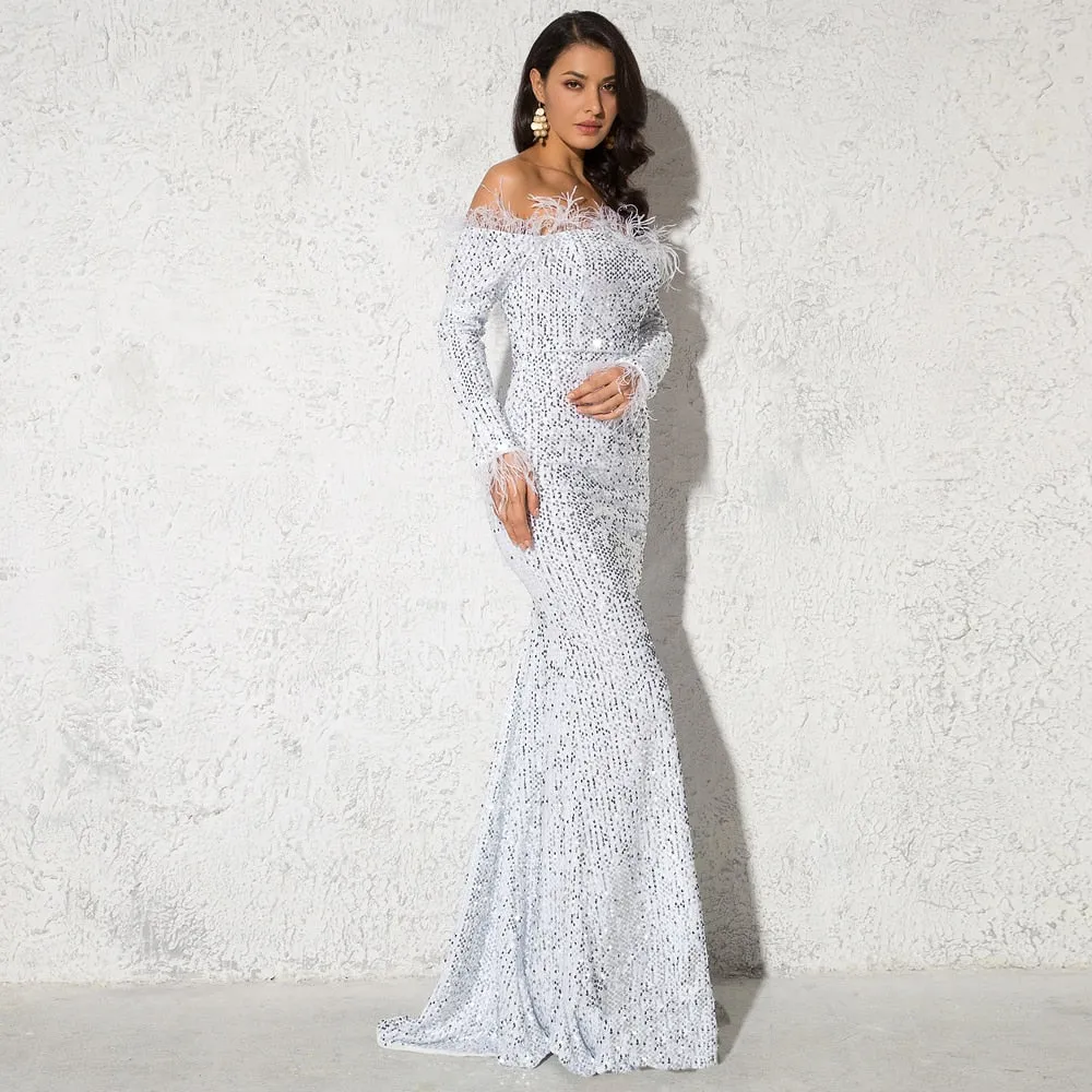 Burgundy Shiny Sequin Feather Velvet Party Dress Long Sleeve Bodycon Stretchy Slash Neck Floor Length Mermaid Dress Black Green
