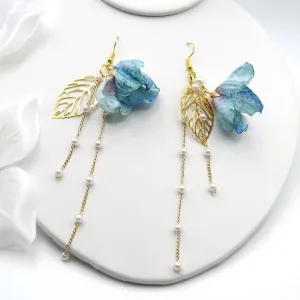 Camellia Silk Flower Chain Earrings, Custom Floral Wedding Earrings, Bridal Floral Boho Dangle Earrings