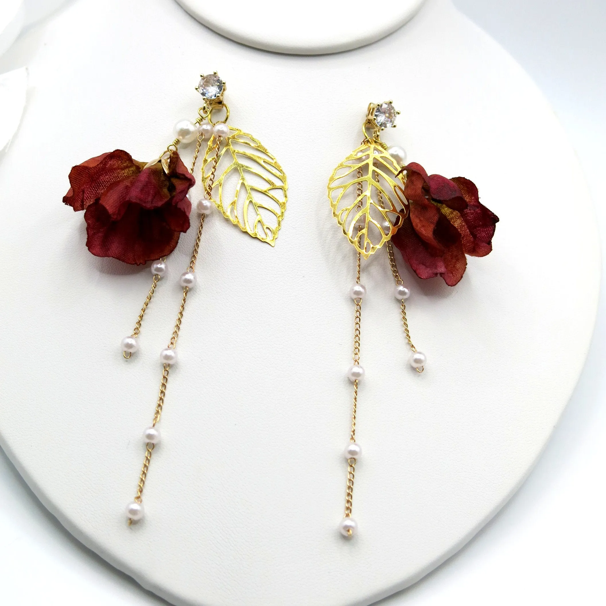 Camellia Silk Flower Chain Earrings, Custom Floral Wedding Earrings, Bridal Floral Boho Dangle Earrings
