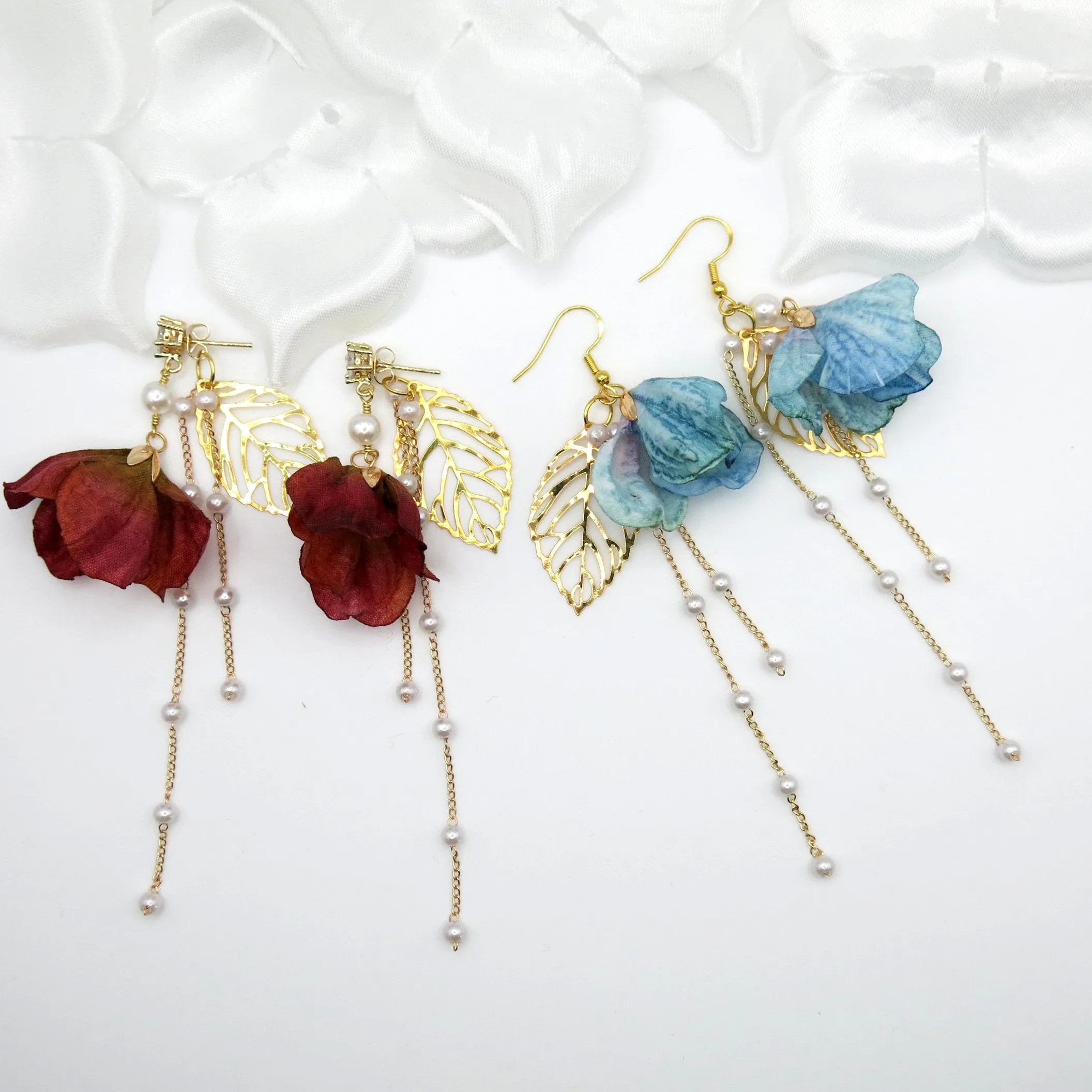 Camellia Silk Flower Chain Earrings, Custom Floral Wedding Earrings, Bridal Floral Boho Dangle Earrings