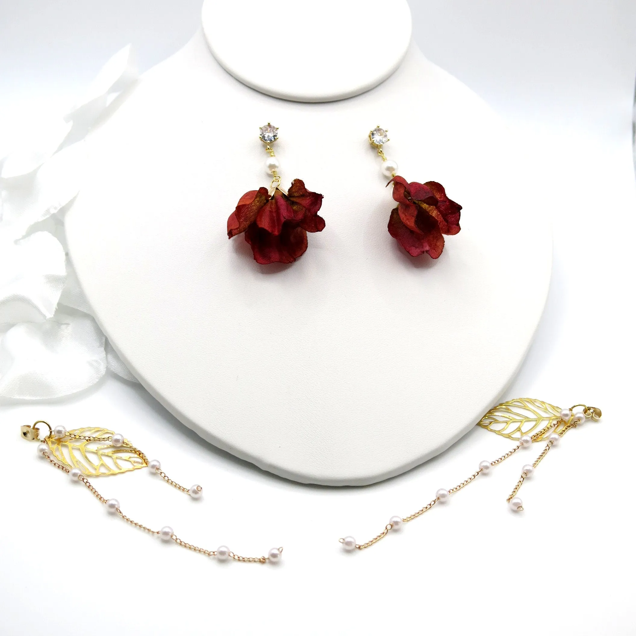 Camellia Silk Flower Chain Earrings, Custom Floral Wedding Earrings, Bridal Floral Boho Dangle Earrings