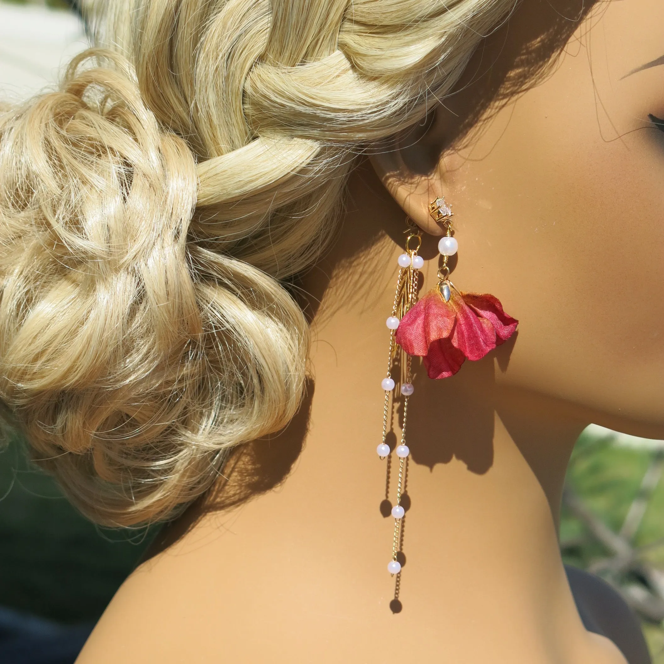 Camellia Silk Flower Chain Earrings, Custom Floral Wedding Earrings, Bridal Floral Boho Dangle Earrings