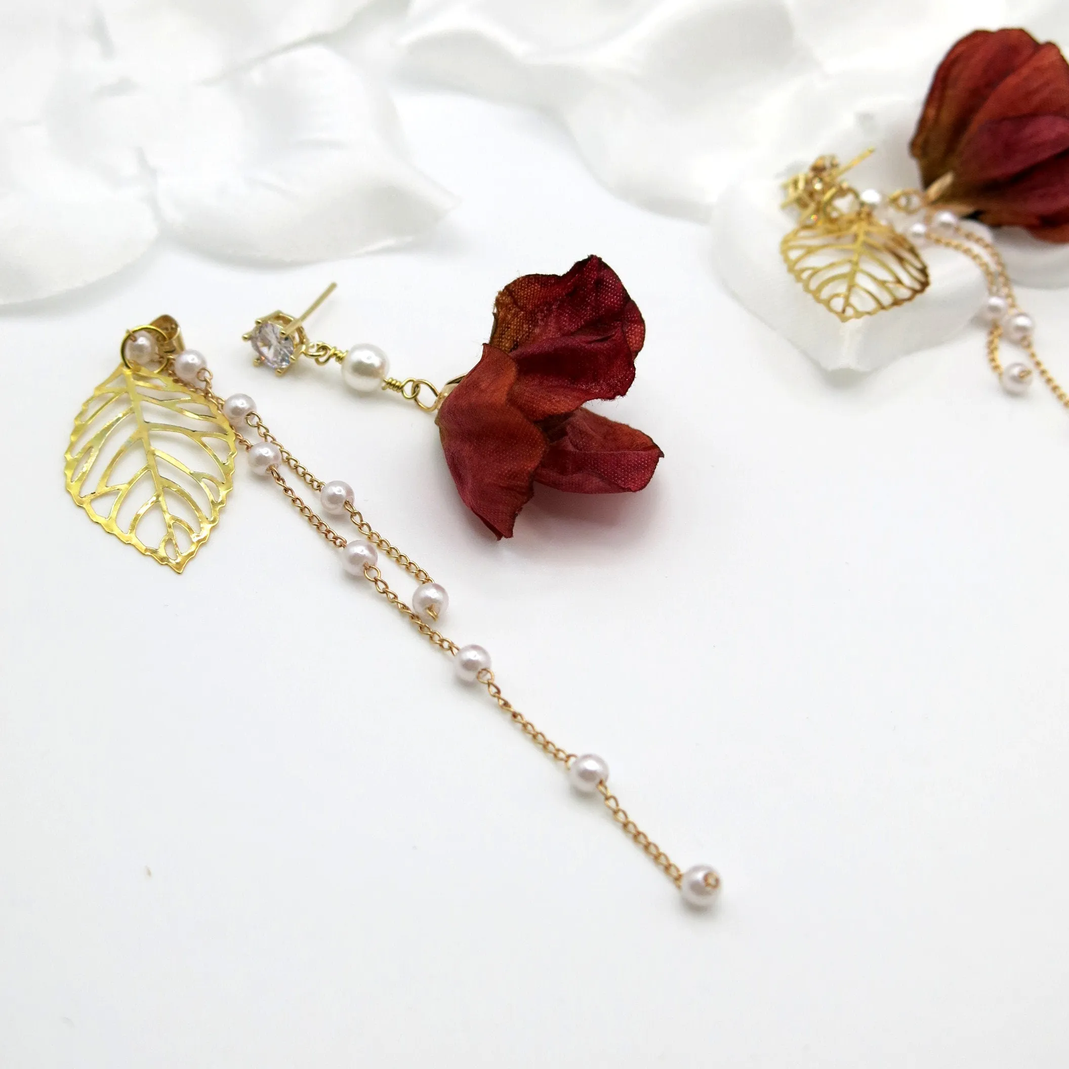 Camellia Silk Flower Chain Earrings, Custom Floral Wedding Earrings, Bridal Floral Boho Dangle Earrings