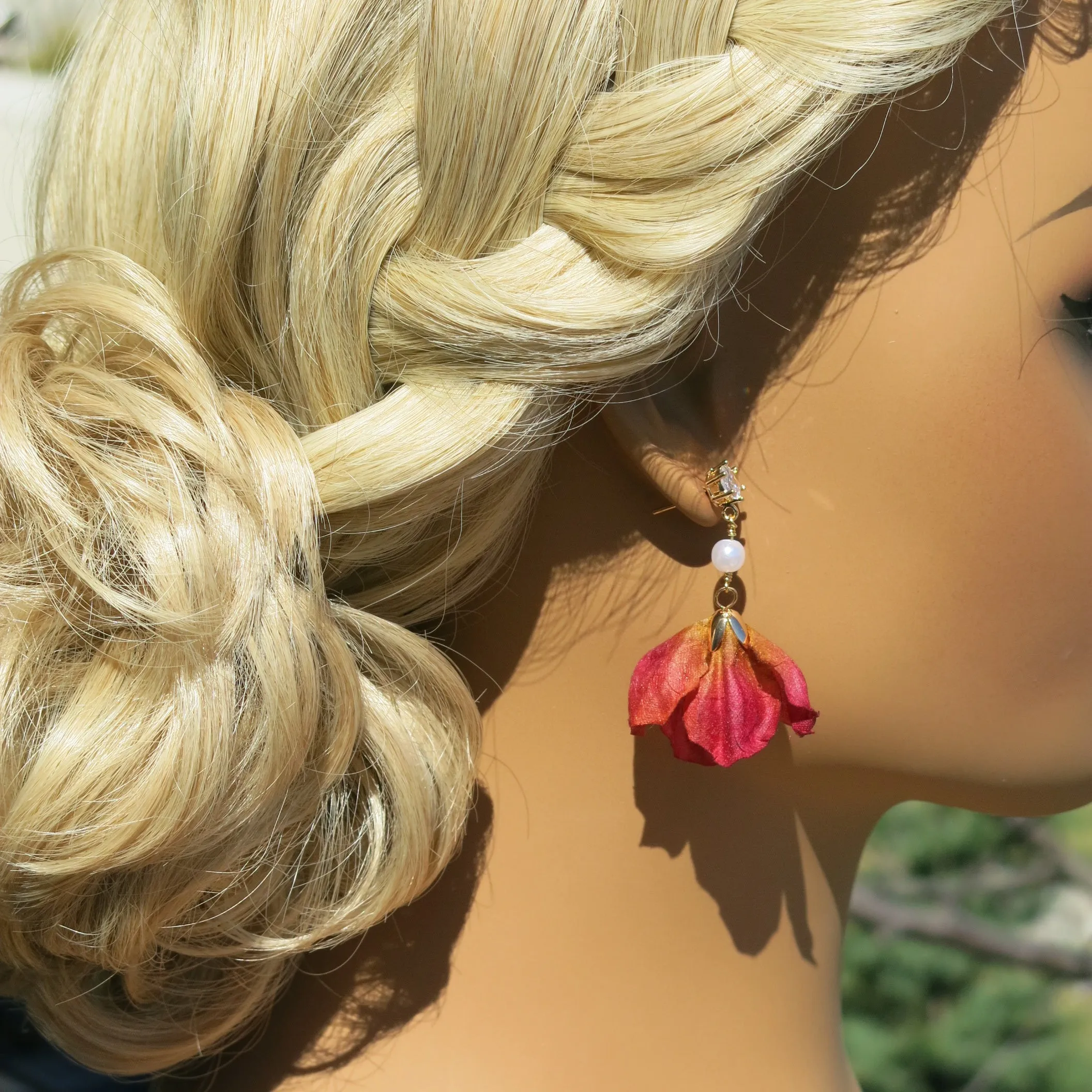 Camellia Silk Flower Chain Earrings, Custom Floral Wedding Earrings, Bridal Floral Boho Dangle Earrings