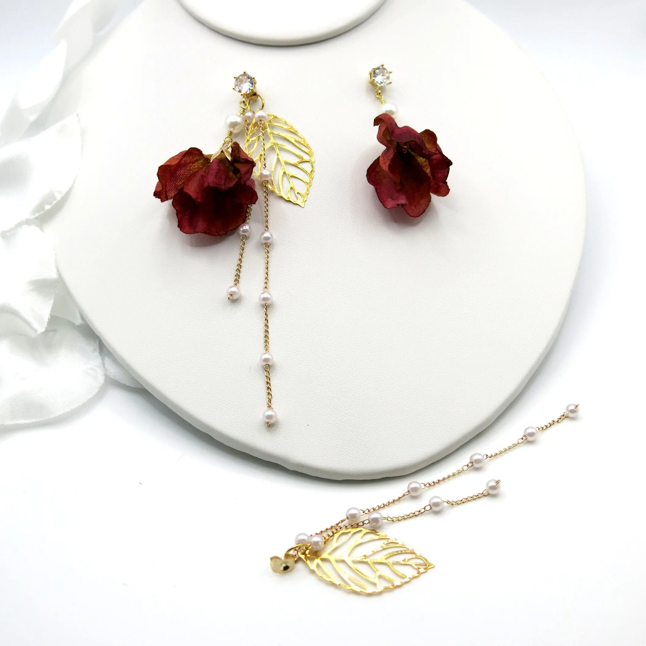 Camellia Silk Flower Chain Earrings, Custom Floral Wedding Earrings, Bridal Floral Boho Dangle Earrings