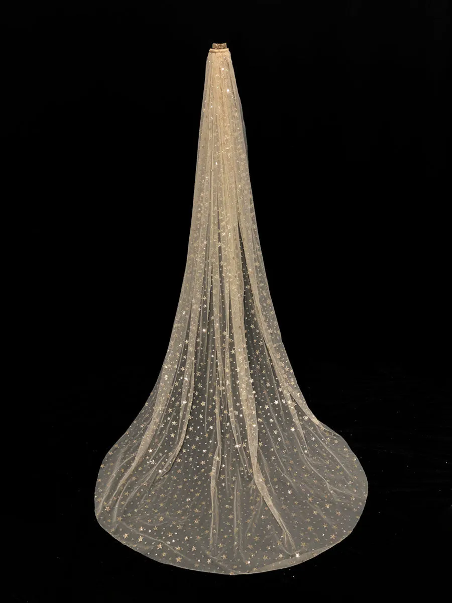 Champange Wedding Veil One-Tier Sequins Stars Tulle Finished Edge Waterfall Bridal Veils