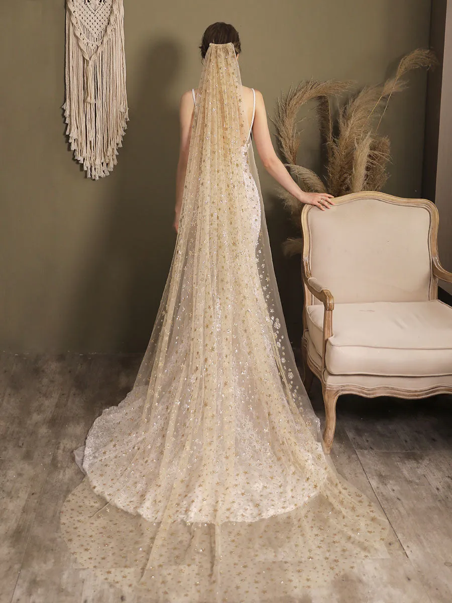 Champange Wedding Veil One-Tier Sequins Stars Tulle Finished Edge Waterfall Bridal Veils