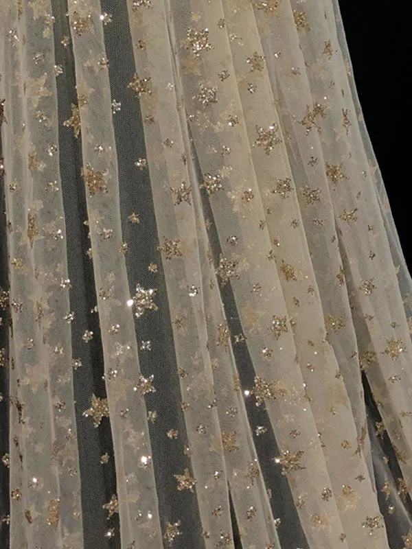 Champange Wedding Veil One-Tier Sequins Stars Tulle Finished Edge Waterfall Bridal Veils