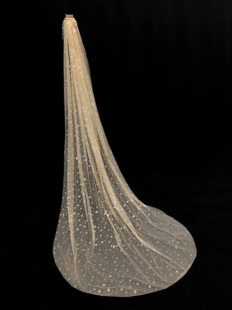 Champange Wedding Veil One-Tier Sequins Stars Tulle Finished Edge Waterfall Bridal Veils