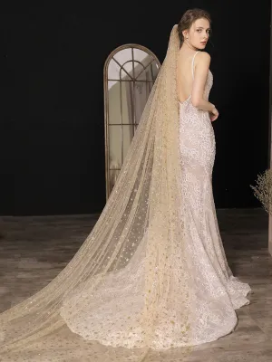 Champange Wedding Veil One-Tier Sequins Stars Tulle Finished Edge Waterfall Bridal Veils