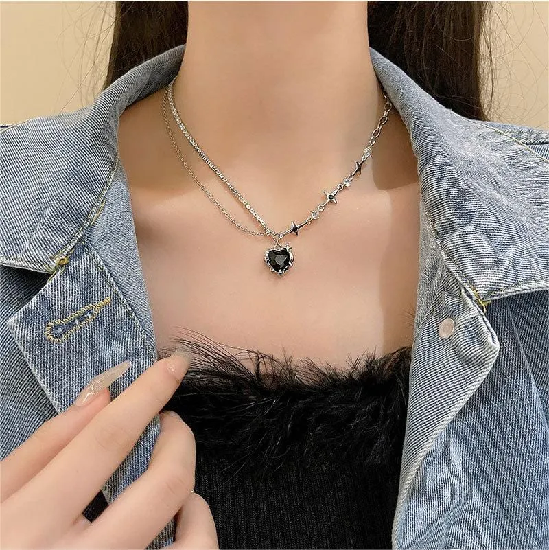 Chic Layered CZ Inlaid Pink And Black Crystal Heart Pendant Star Chain Necklace