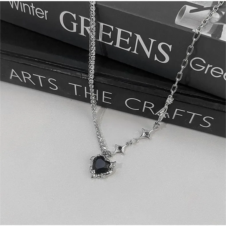 Chic Layered CZ Inlaid Pink And Black Crystal Heart Pendant Star Chain Necklace