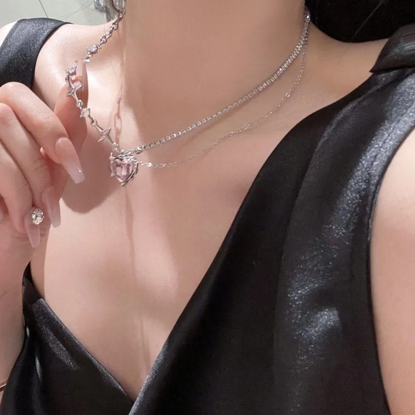 Chic Layered CZ Inlaid Pink And Black Crystal Heart Pendant Star Chain Necklace