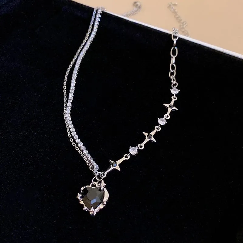 Chic Layered CZ Inlaid Pink And Black Crystal Heart Pendant Star Chain Necklace