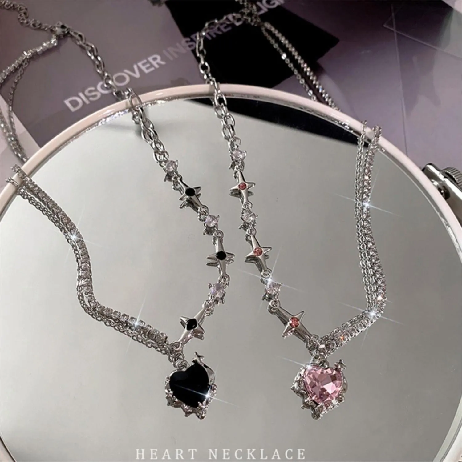Chic Layered CZ Inlaid Pink And Black Crystal Heart Pendant Star Chain Necklace