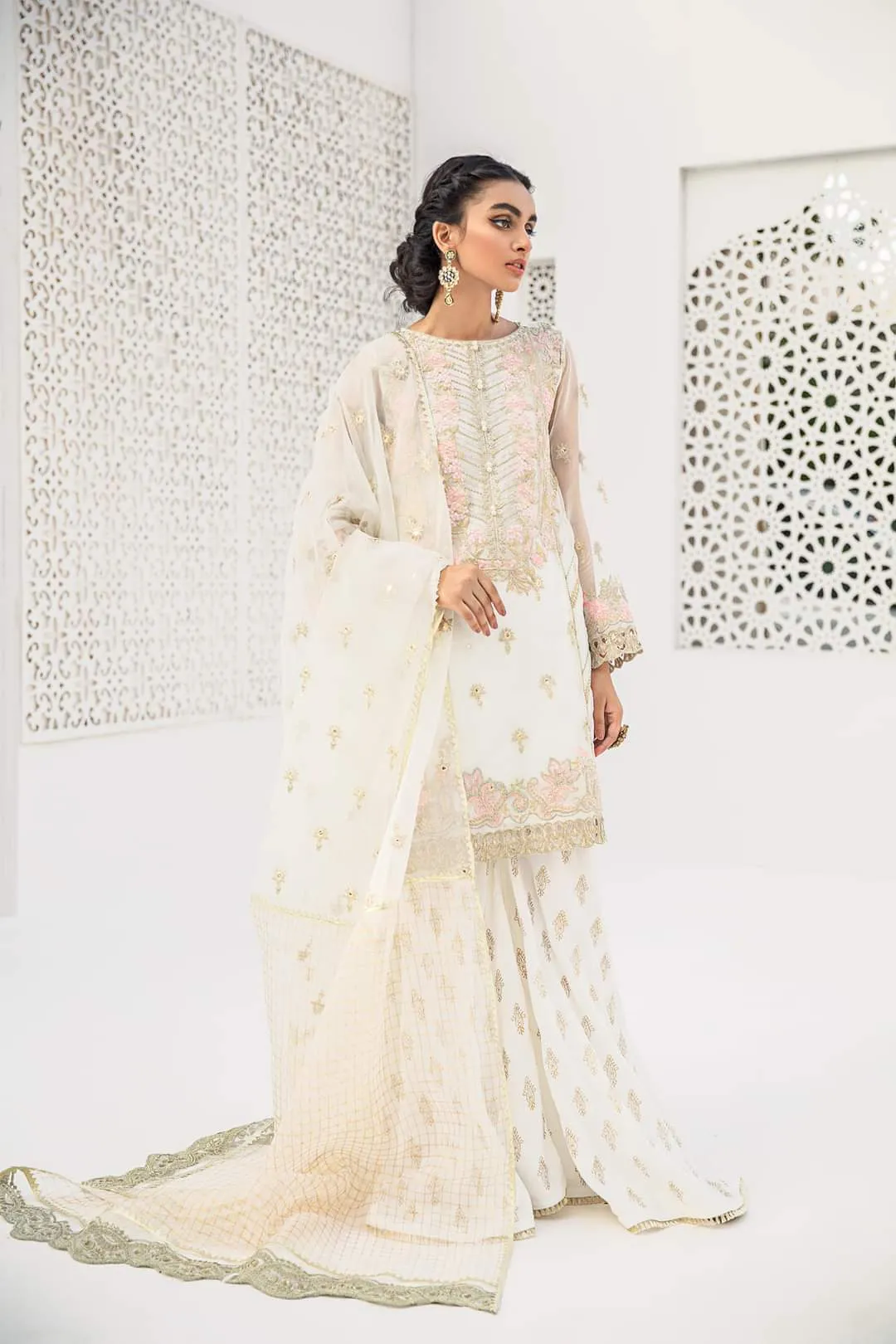 Chiffon Party Gharara in White Color #Y2030