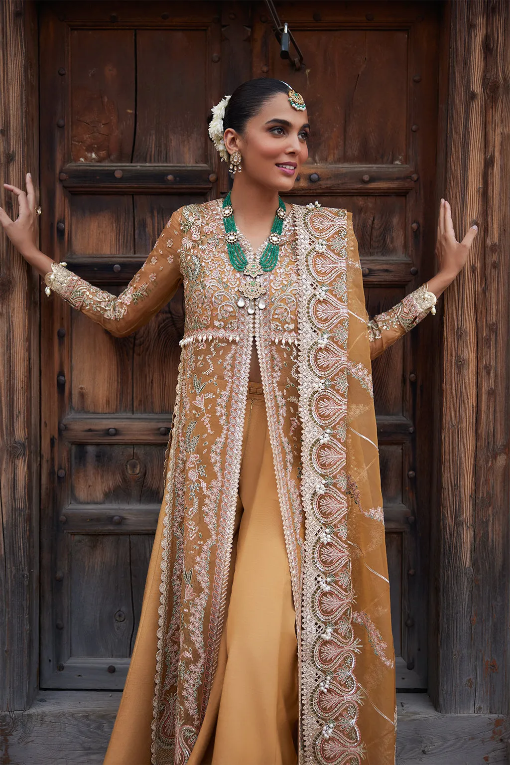 Classic Gold Embellished Pakistani Wedding Dress in Gown Sharara Style