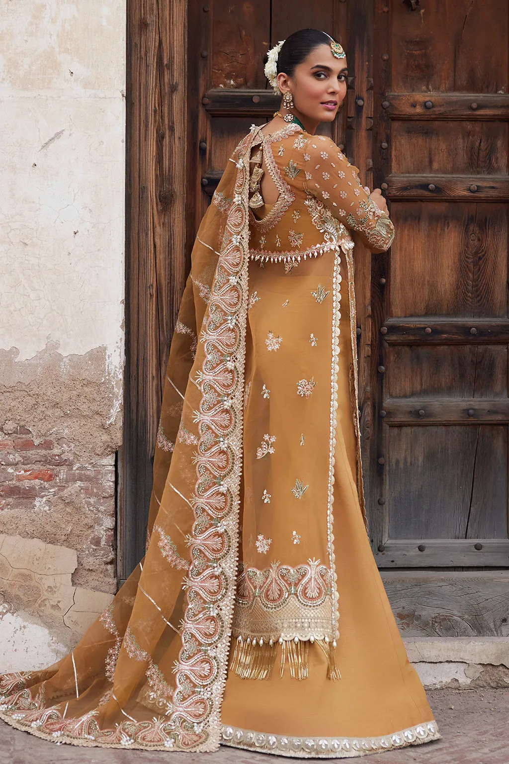 Classic Gold Embellished Pakistani Wedding Dress in Gown Sharara Style