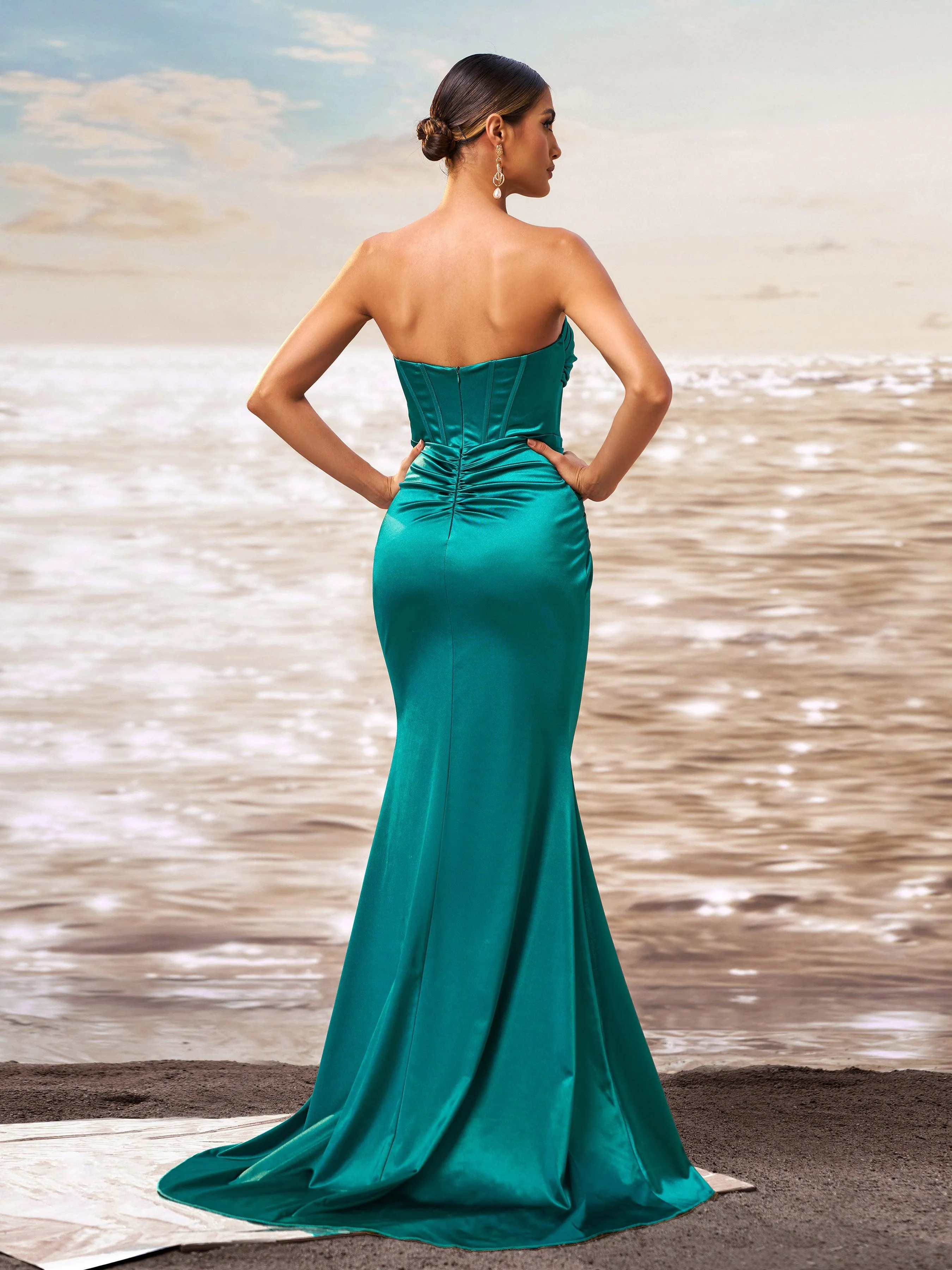 Corset Strapless Split Plain Maxi Dress GM90016