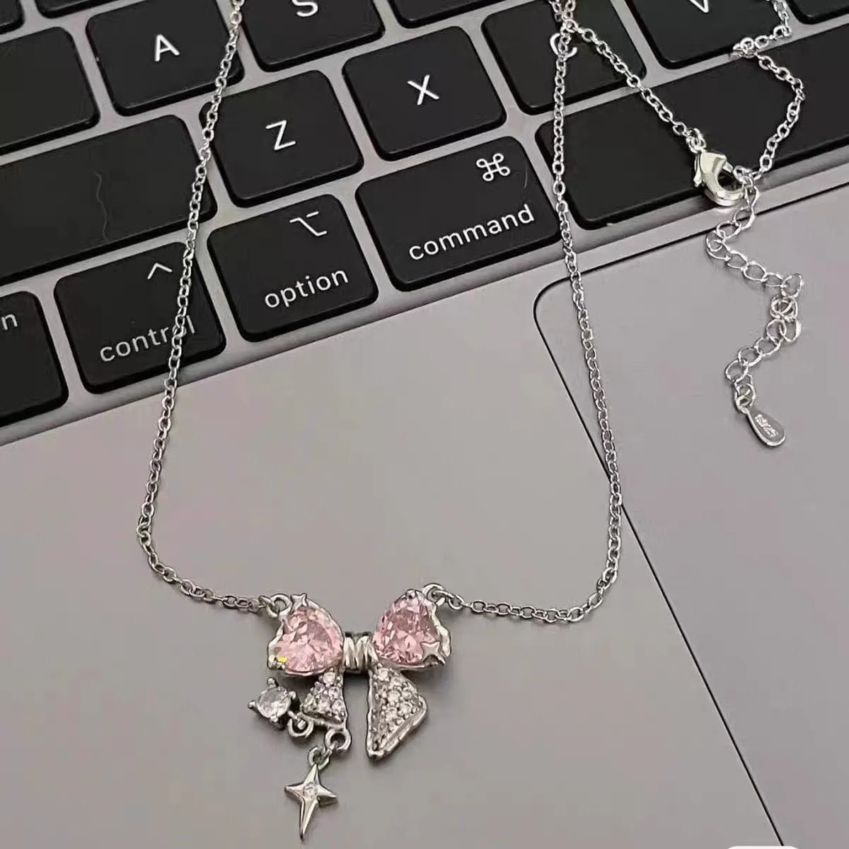 Dainty CZ Inlaid Crystal Bowknot Star Necklace