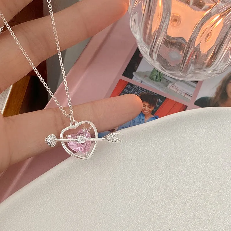 Dainty CZ Inlaid Pink Crystal Cupid Arrow Heart Necklace