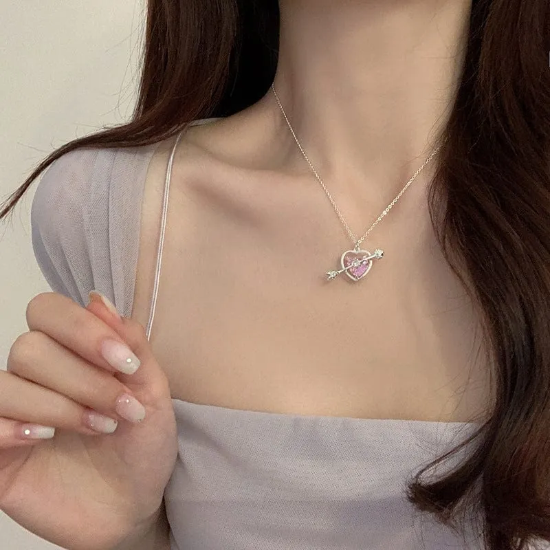 Dainty CZ Inlaid Pink Crystal Cupid Arrow Heart Necklace
