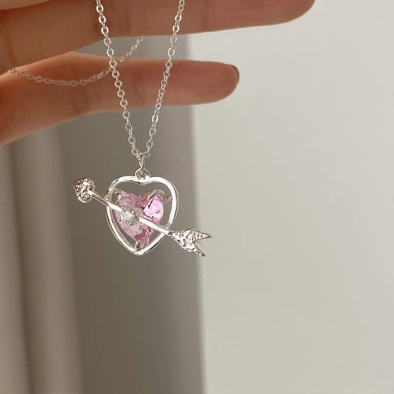 Dainty CZ Inlaid Pink Crystal Cupid Arrow Heart Necklace