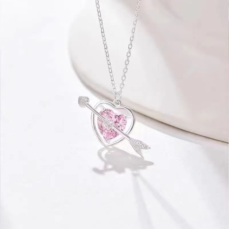 Dainty CZ Inlaid Pink Crystal Cupid Arrow Heart Necklace