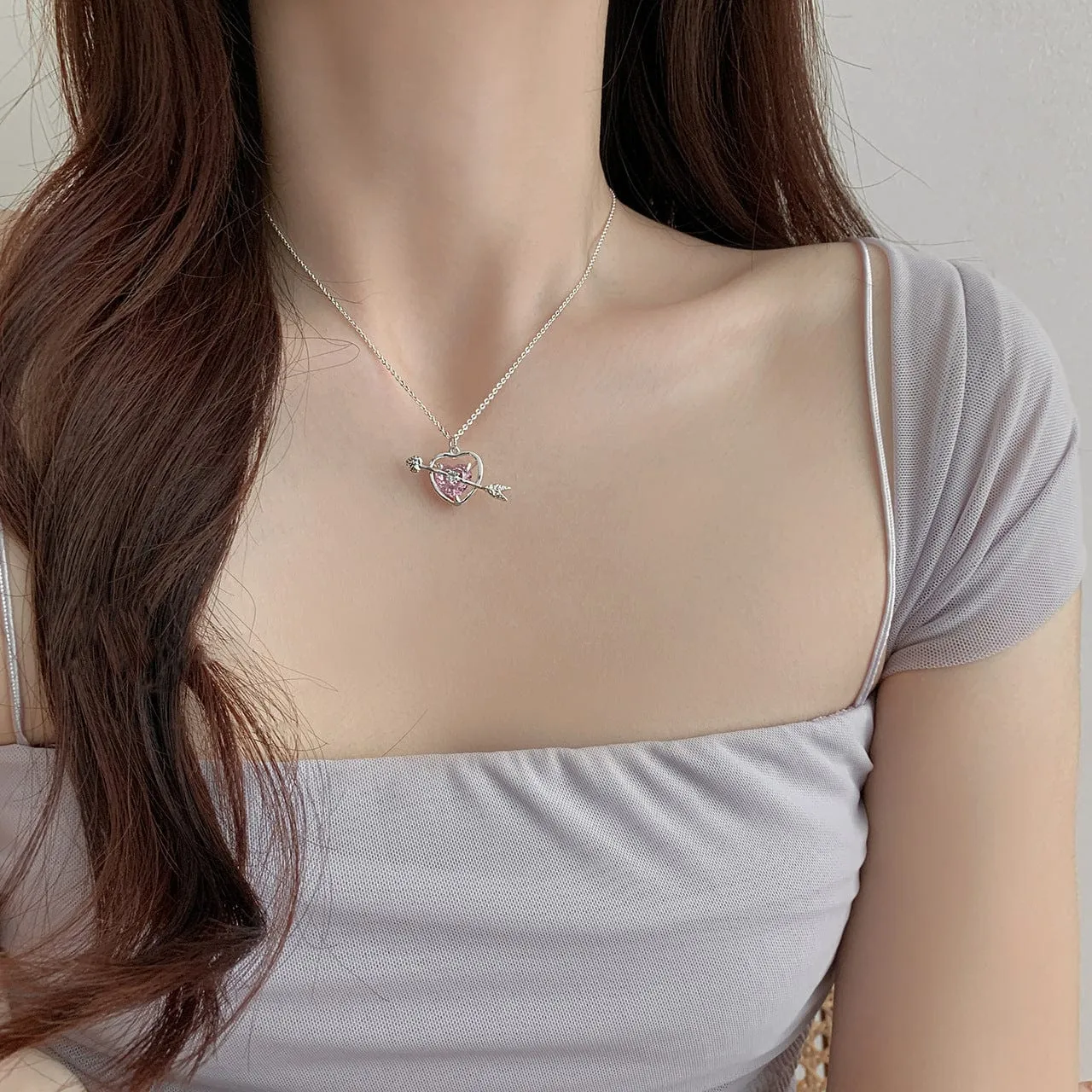 Dainty CZ Inlaid Pink Crystal Cupid Arrow Heart Necklace